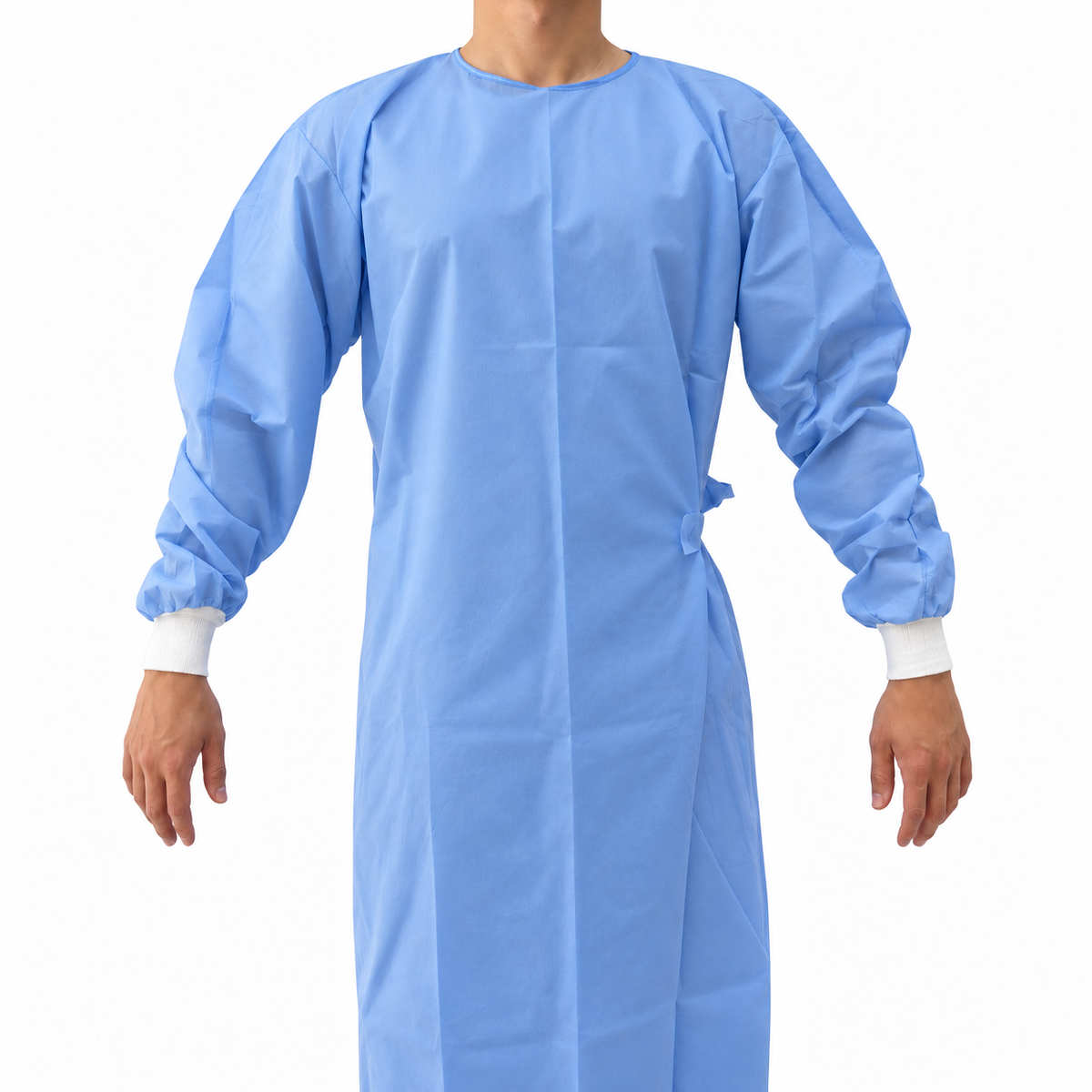 Bata quirúrgica desechable Allmed color azul, manga larga, 25-30 g, paquete de 5 unidades para uso médico.