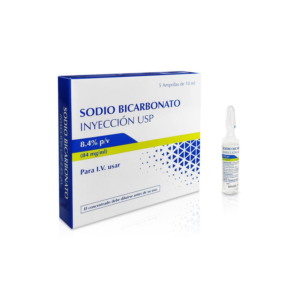 Bicarbonato de Sodio solución inyectable 8,4% p/v, en ampolla de 10 mL, indicado para corregir acidosis metabólica y alcalinizar orina.