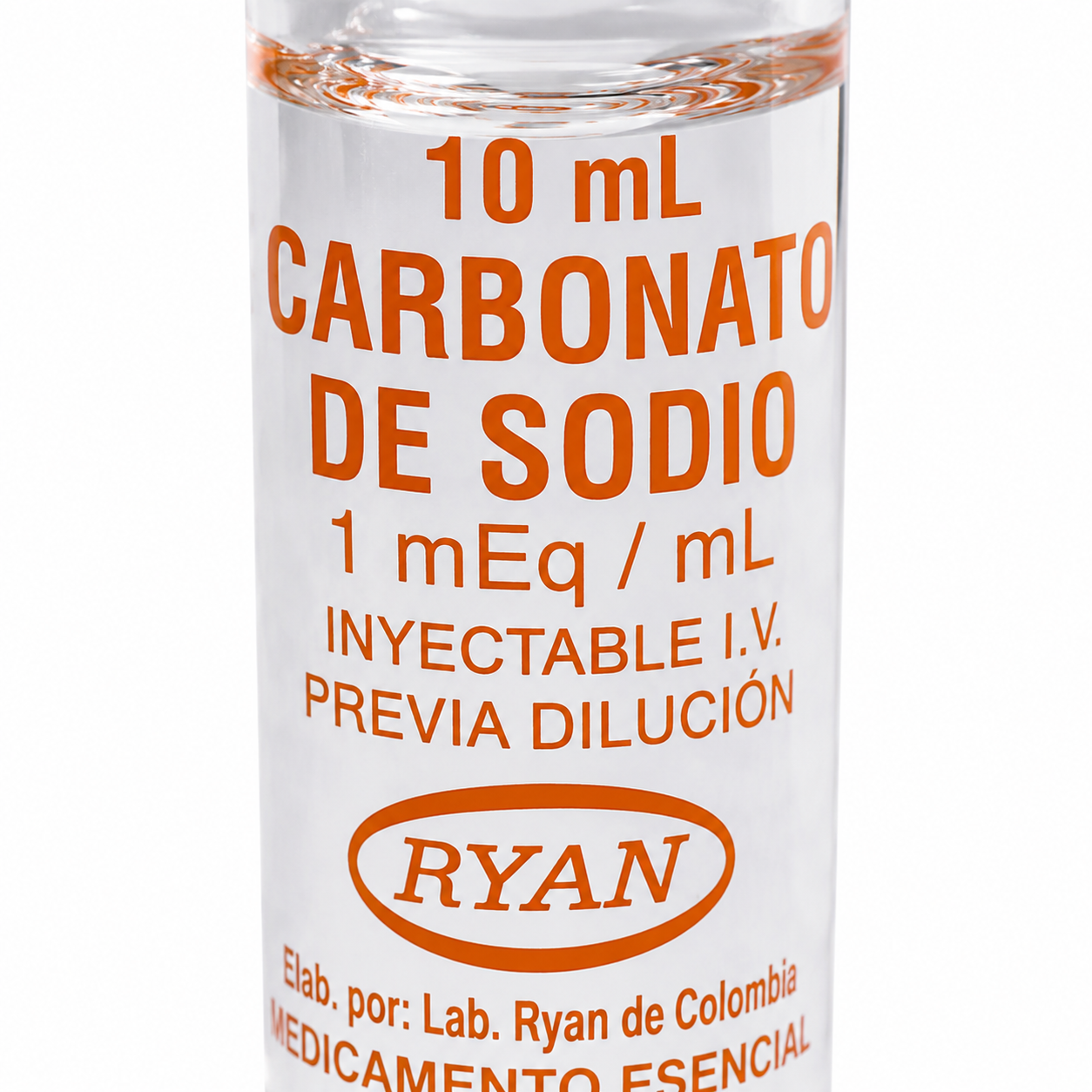 Bicarbonato de sodio Ryan 1 mEq/mL inyectable 10 mL medicamento esencial para administración intravenosa