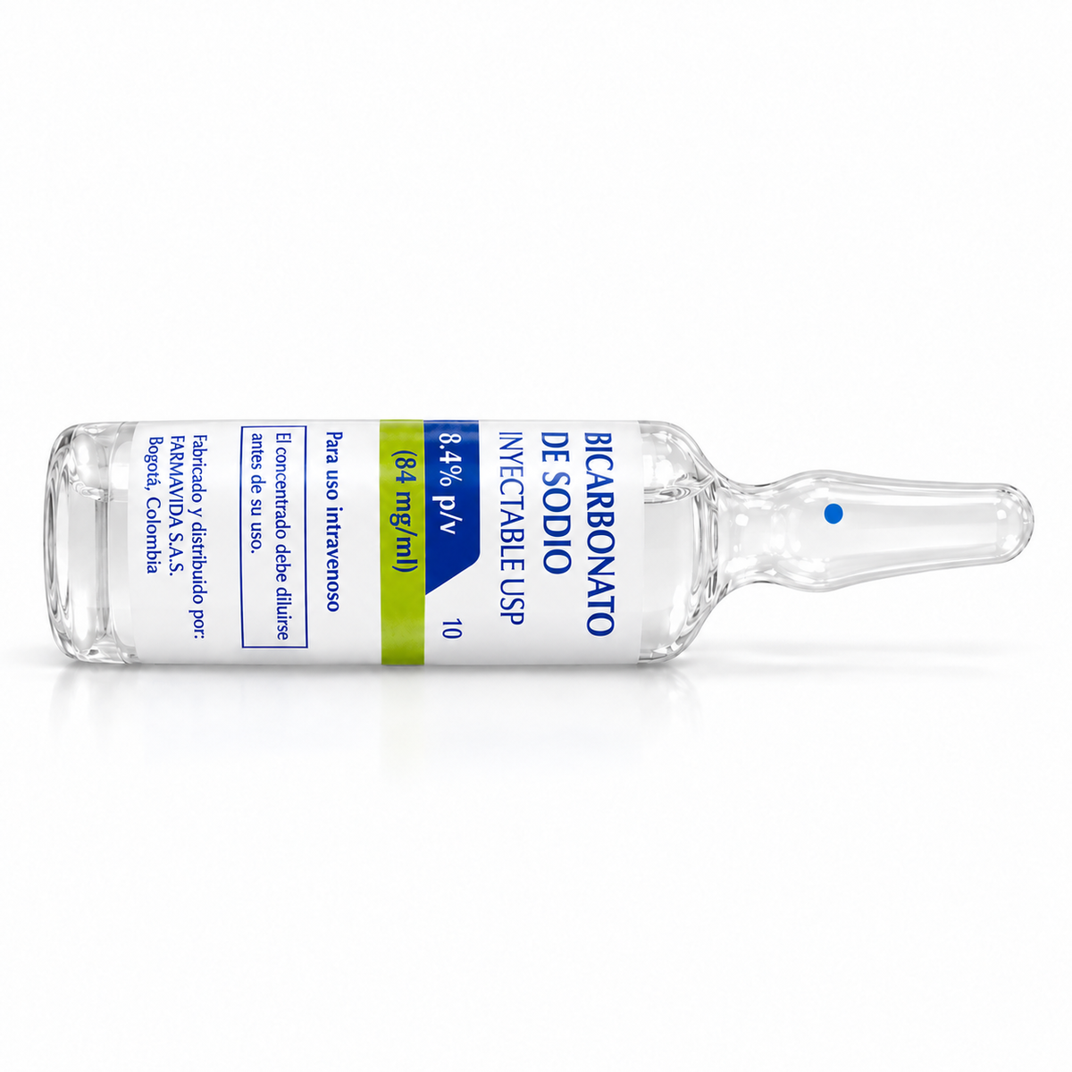 Ampolla de bicarbonato de sodio Sicmafarma al 8.4% de 10 ml, concentración 1 mEq/ml, para uso bajo indicación profesional.