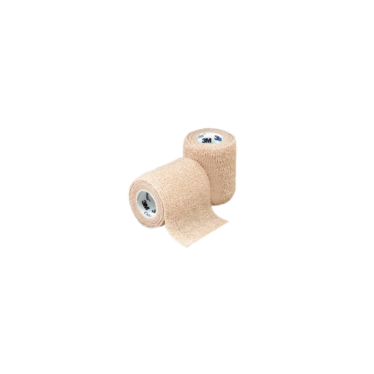 Venda elástica autoadherente Coban™ en rollo de 4 pulgadas, color beige, fabricada con poliéster y poliuretano, ideal para compresión y soporte.