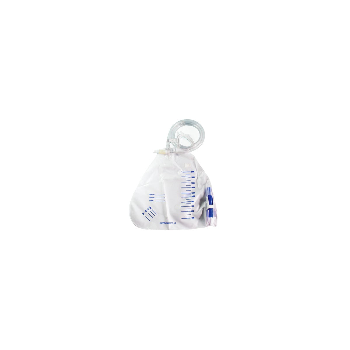 Bolsa recolectora de orina de PVC flexible, 2000 ml, con tubo de drenaje de 108 cm, llave de paso y clamp de seguridad, uso clínico.