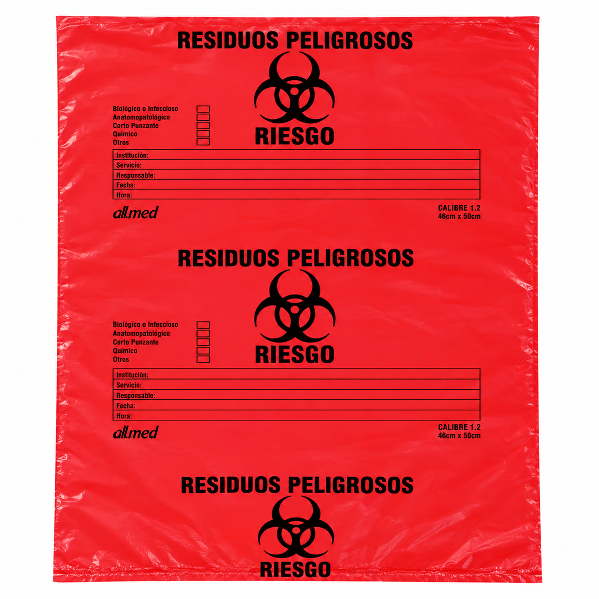 Bolsa roja Allmed rotulada para residuos biológicos de 46 x 50 cm, calibre 1.2, para manejo y disposición de residuos.