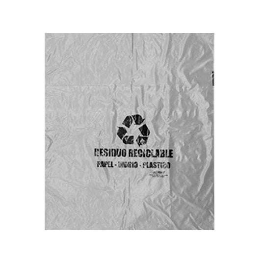 Bolsa de seguridad gris de 46x50 cm, calibre 2, fabricada en material reciclable, ideal para almacenamiento seguro.