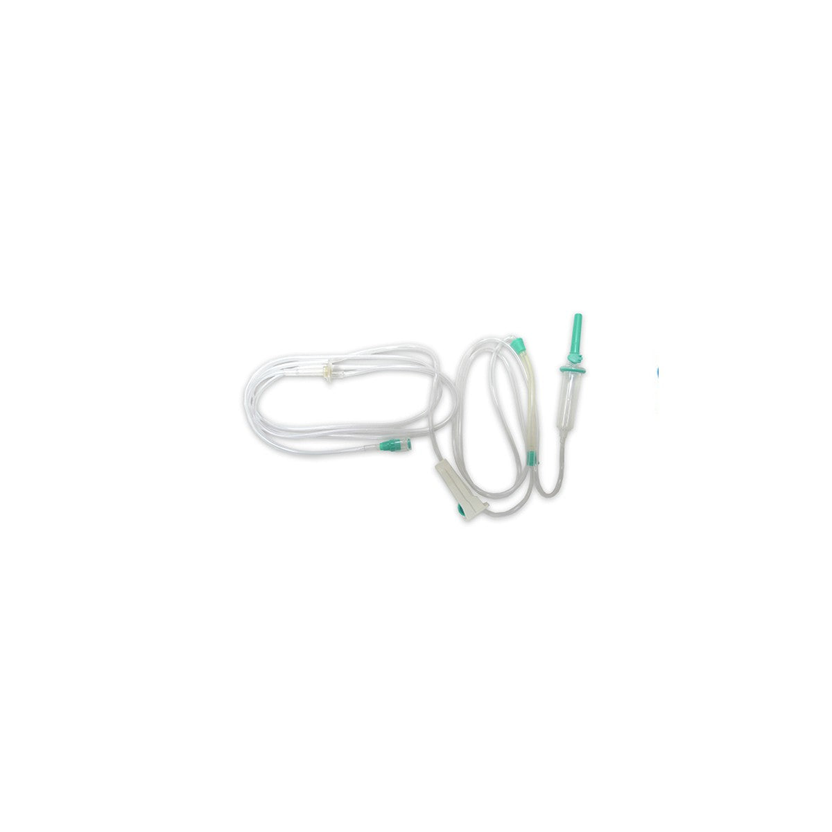 Conjunto de dispositivos médicos para administración intravenosa de fluidos y medicamentos, fabricado por LABORATORIOS B. BRAUN S.A. Incluye componentes de plástico en color transparente y azul, presentados en empaque estéril.