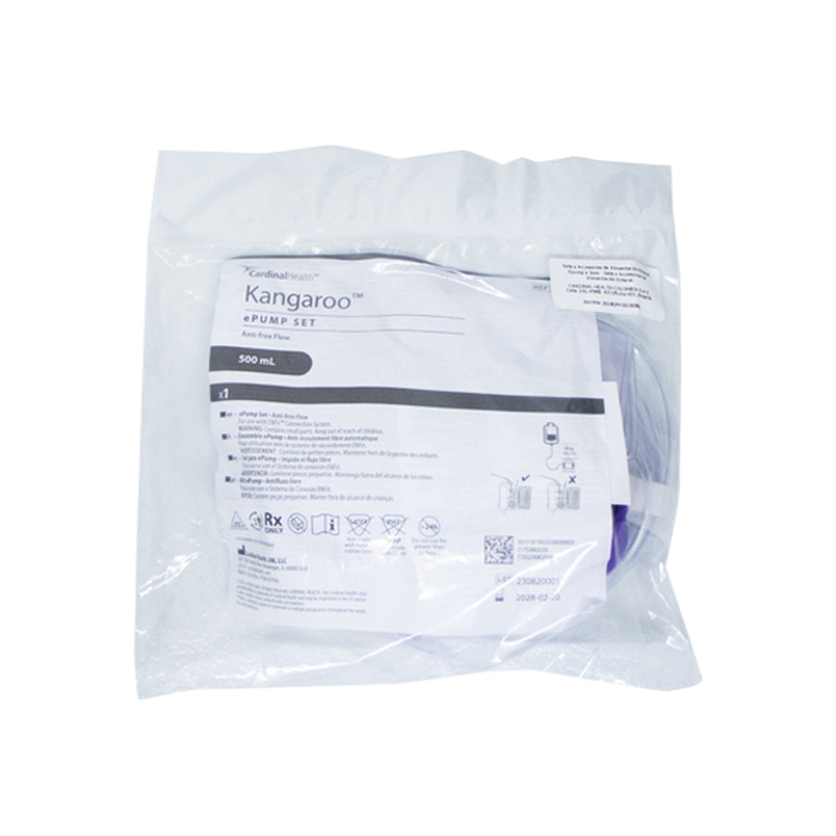 Set de nutrición enteral KANGAROO™ con bolsa de 500 ml, fabricado en PVC y silicona, con conector ENFit y diseño estéril.