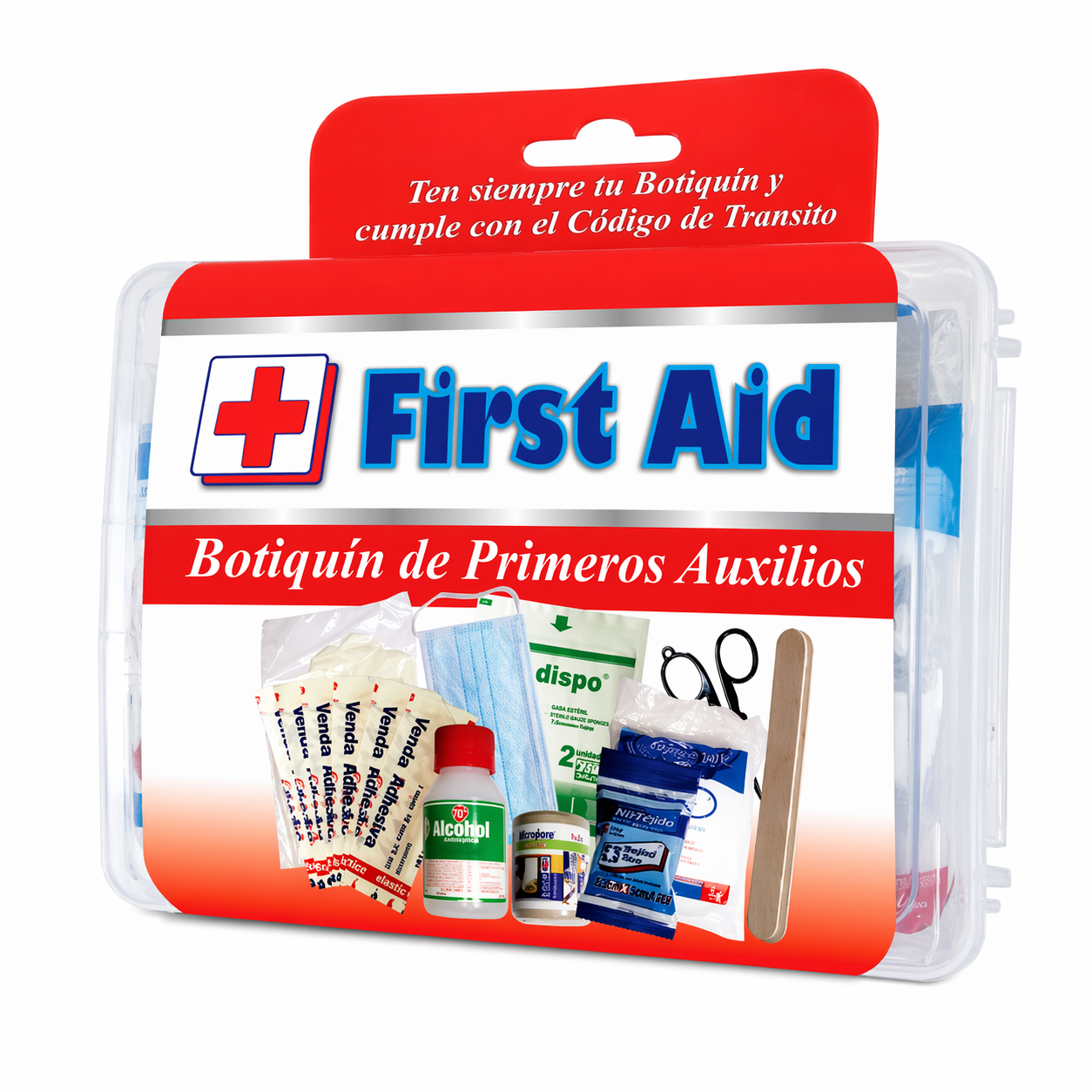 Botiquín de primeros auxilios MP Promedical con cubierta roja y contenido médico básico visible en estuche plástico