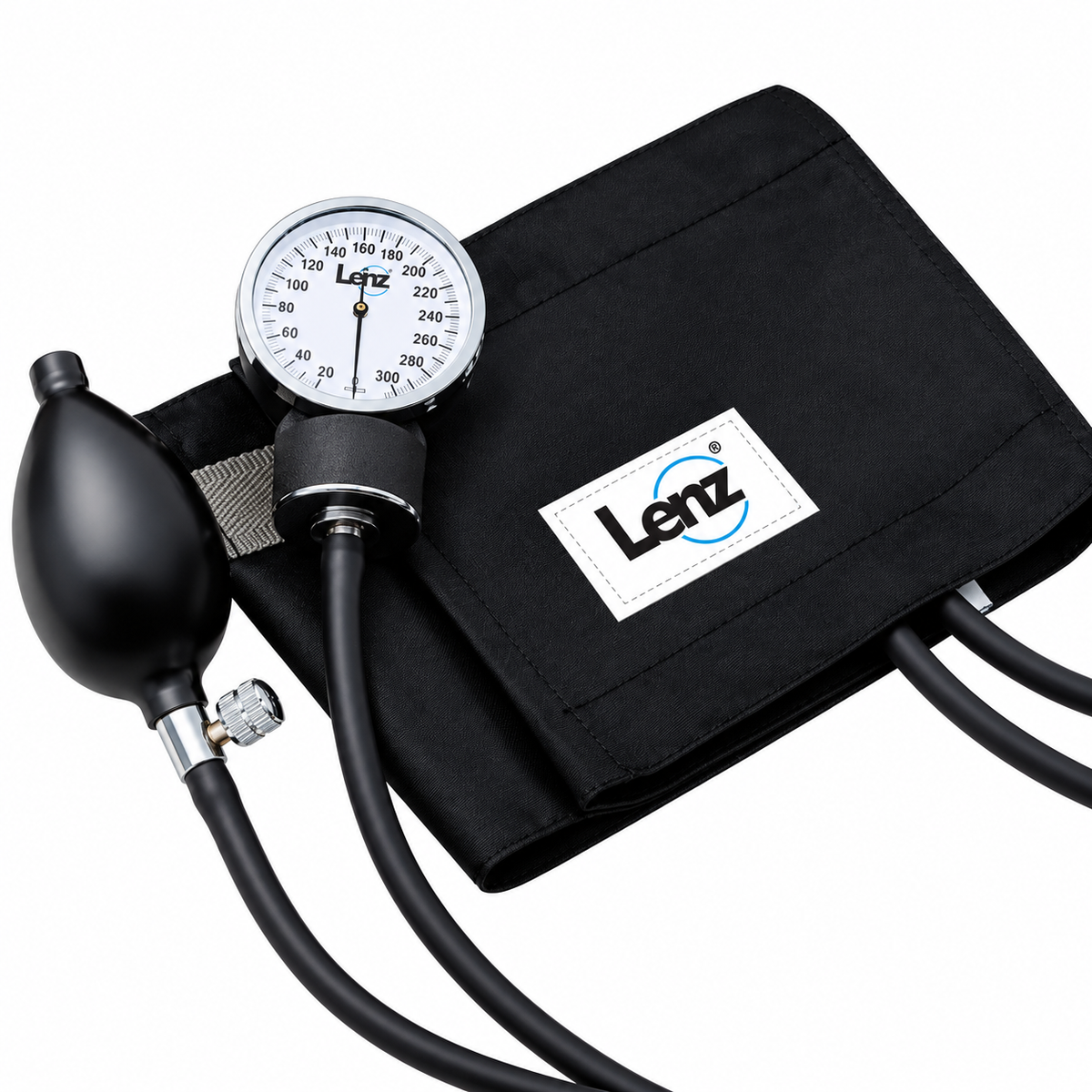 Brazalete de nylon Lenz referencia BR-ADL para tensiómetro manual, diseñado para brindar ajuste y soporte durante la medición de la presión arterial.