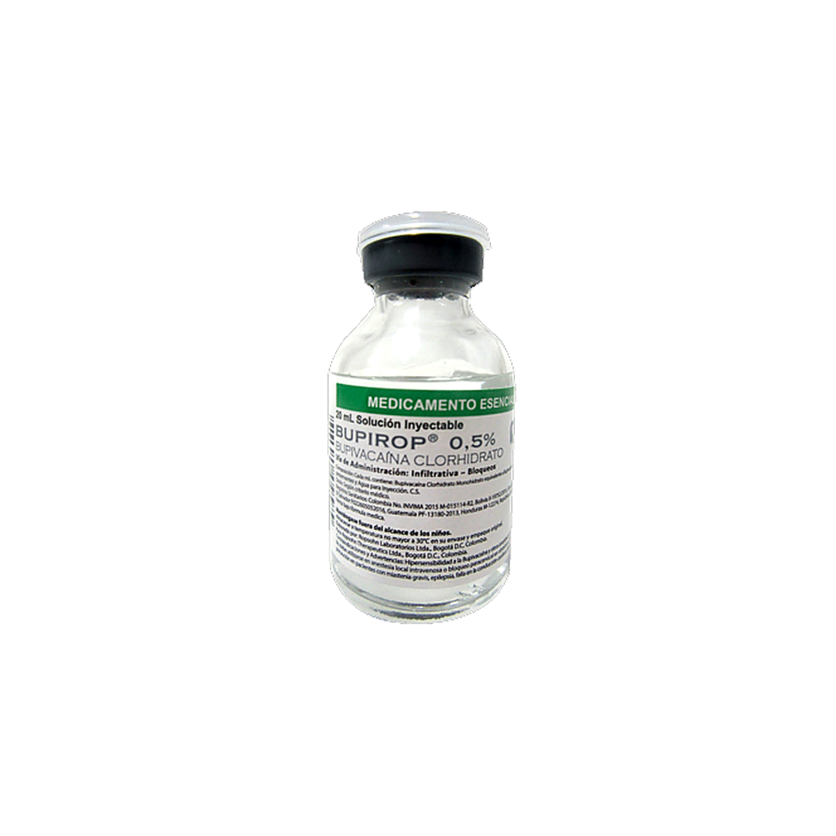 BUPIROP 0.5% SIMPLE VIAL de 20 ml, anestésico local inyectable en frasco de vidrio, color transparente, indicado para analgesia local.