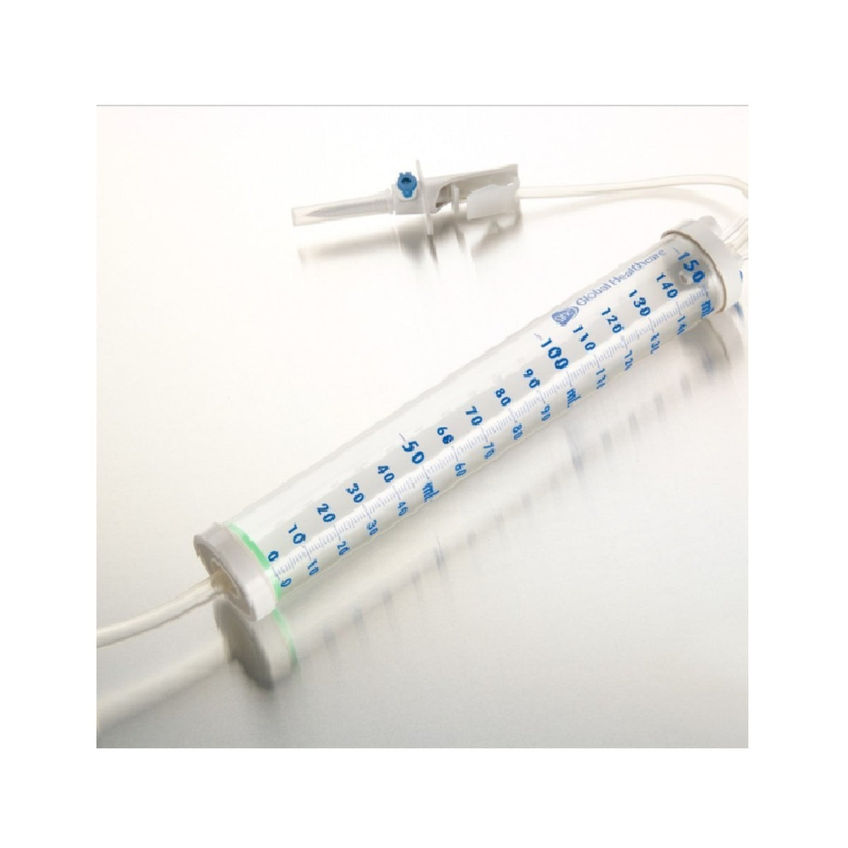 Bureta desechable de 150 ml de Global Healthcare, fabricada en PETG, estéril y libre de látex, con cámara graduada y puertos de ventilación.