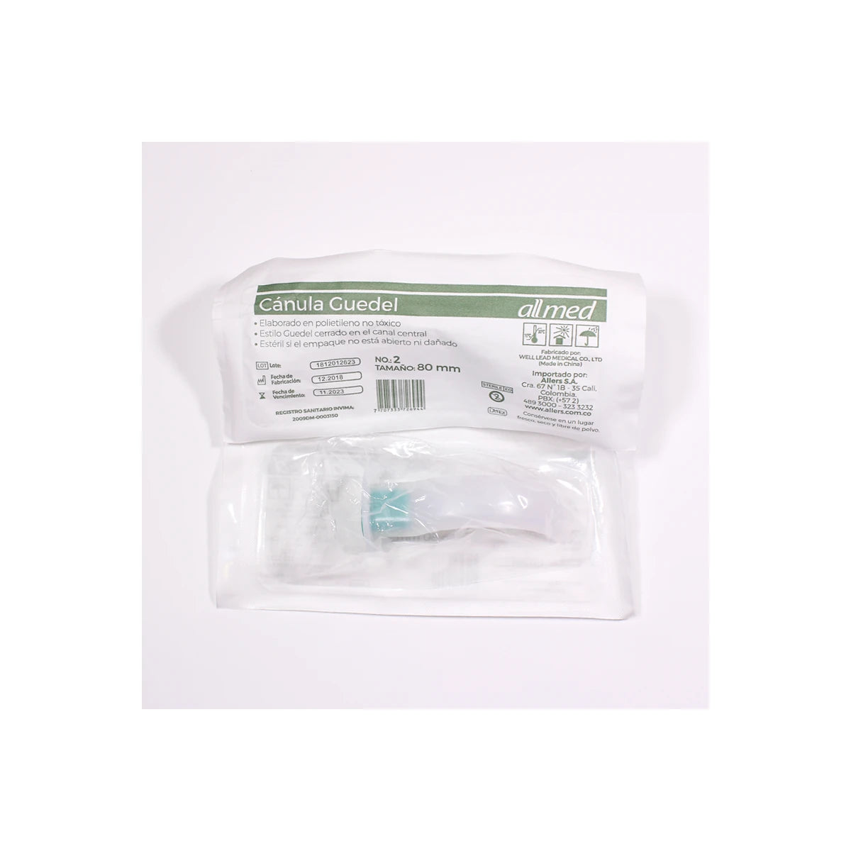 Cánula de Guedel #2 Allmed, color verde, 80 mm de longitud, diseñada para uso respiratorio en pacientes.