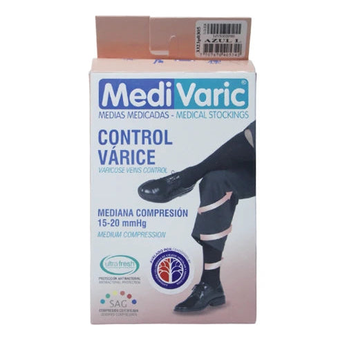 Calcetín de compresión media 15-20 mmHg, color azul, marca Medivaric, diseñado para mejorar la circulación en las piernas.
