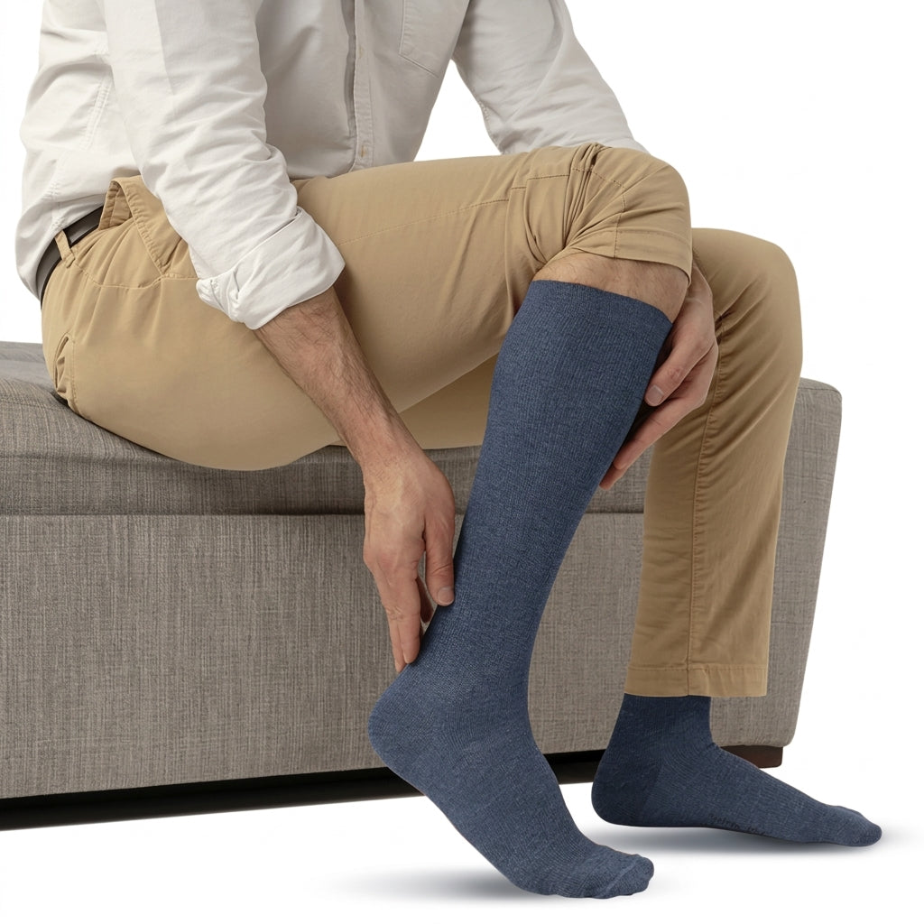 Calcetín compresivo para hombre 15-20 mmHg, talla M, color azul jaspeado, diseñado para brindar soporte y comodidad en las piernas.