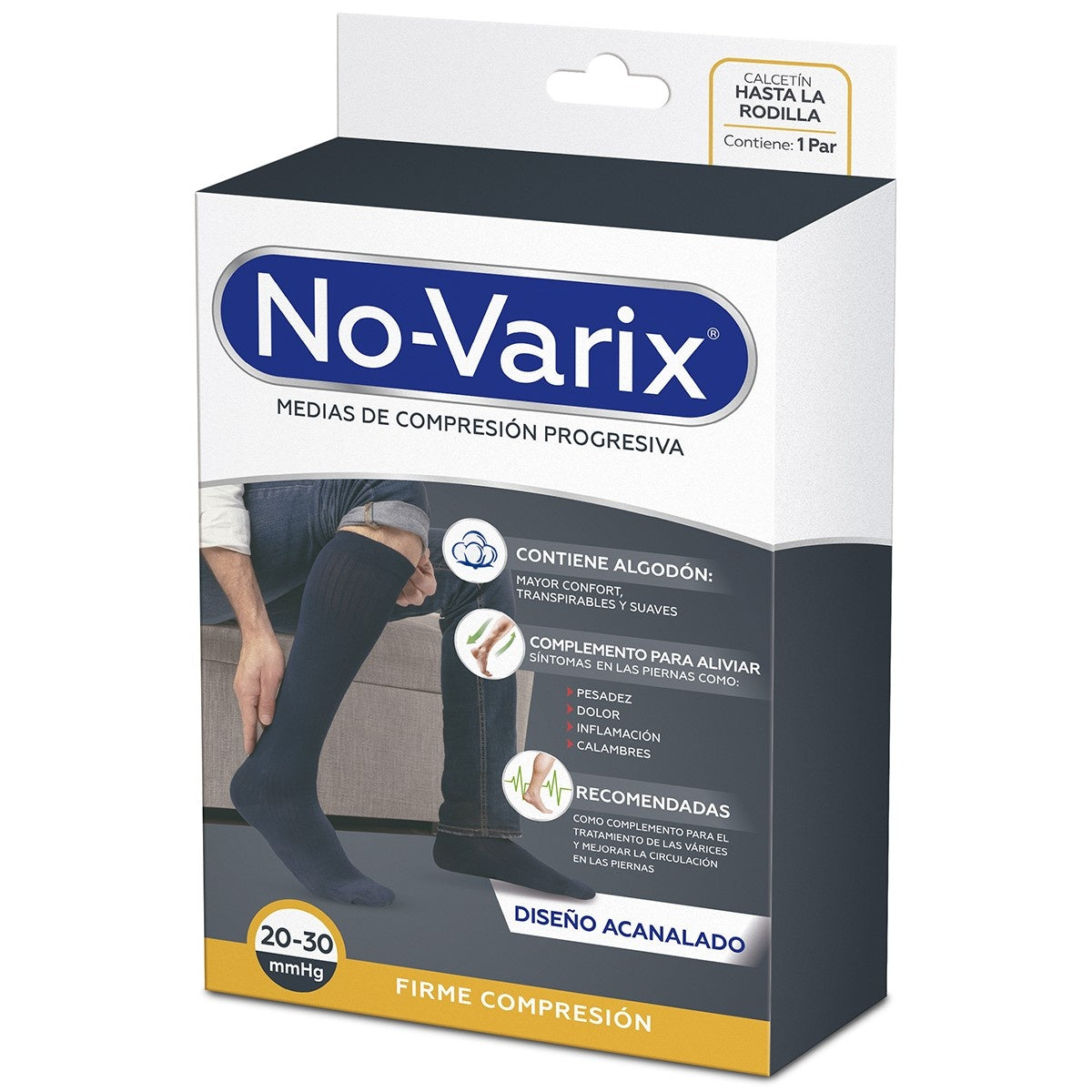Calcetín de compresión progresiva No-Varix® para hombre, color azul, talla L, con refuerzo en talón y puntera, tejido opaco.