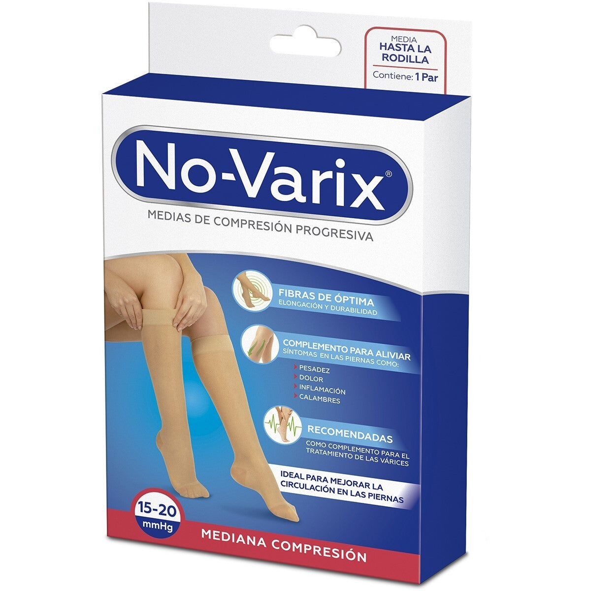 Medias de compresión progresiva No-Varix® de TEXPON S.A., color negro, hasta la rodilla, con refuerzo en talón y puntera, tejido opaco.