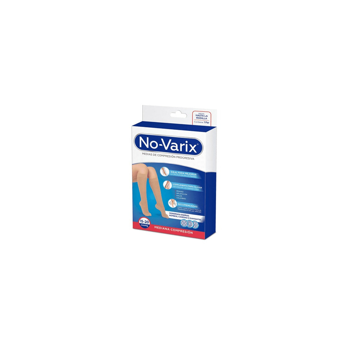 Media de compresión progresiva No-Varix® de TEXPON S.A., color azul aguamarina, diseño rombos, talla T/L, compresión 15-20 mmHg.