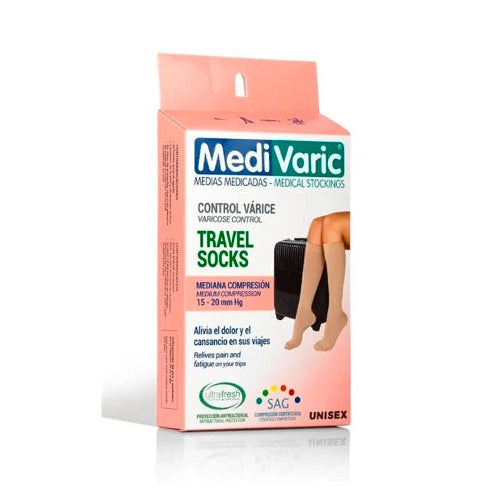 Medivaric Travel Socks T-M en color beige, modelo 5323P0208, calcetines unisex diseñados para comodidad en viajes.