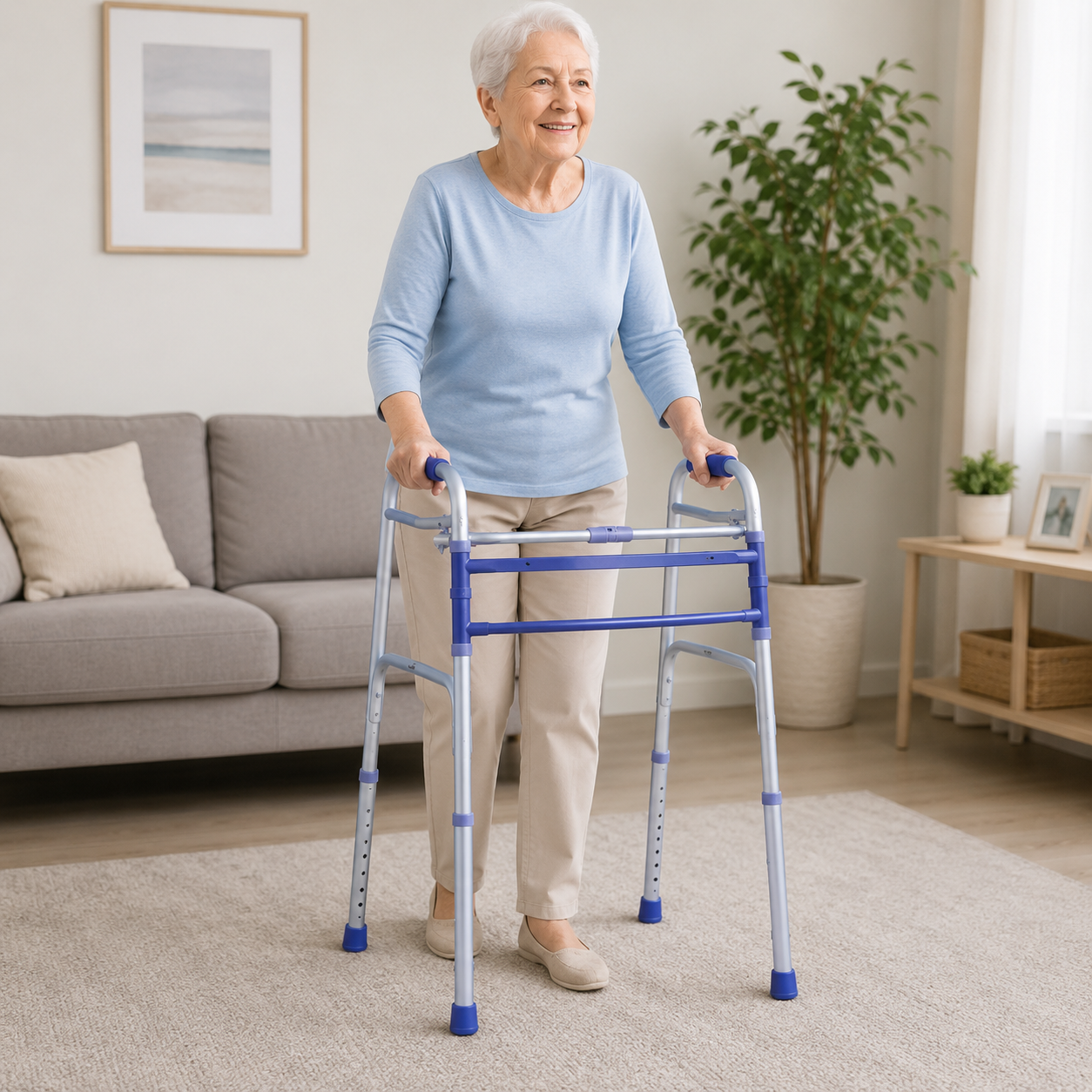 Persona adulta usando Caminador Konfort Plus Doble Función KP1342AL-19 en ambiente interior para apoyo y movilidad diaria