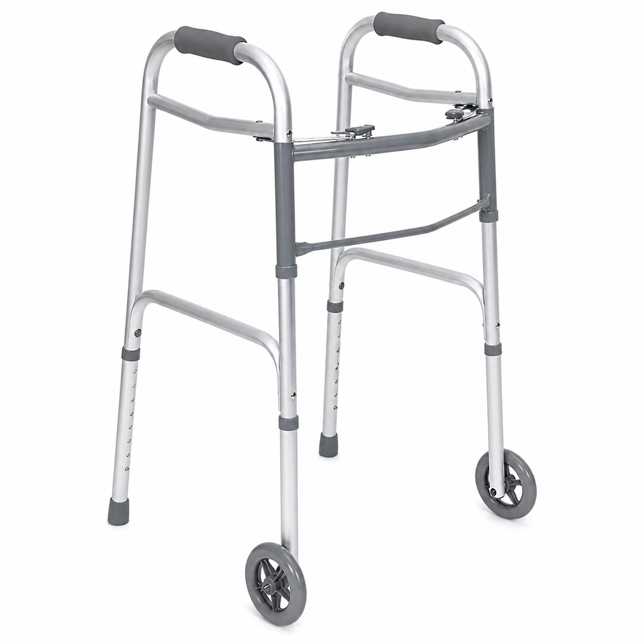Caminador plegable de aluminio anodizado Konfort Plus color gris con ruedas de 5 pulgadas vista lateral ajustable referencia KP153-AL-19