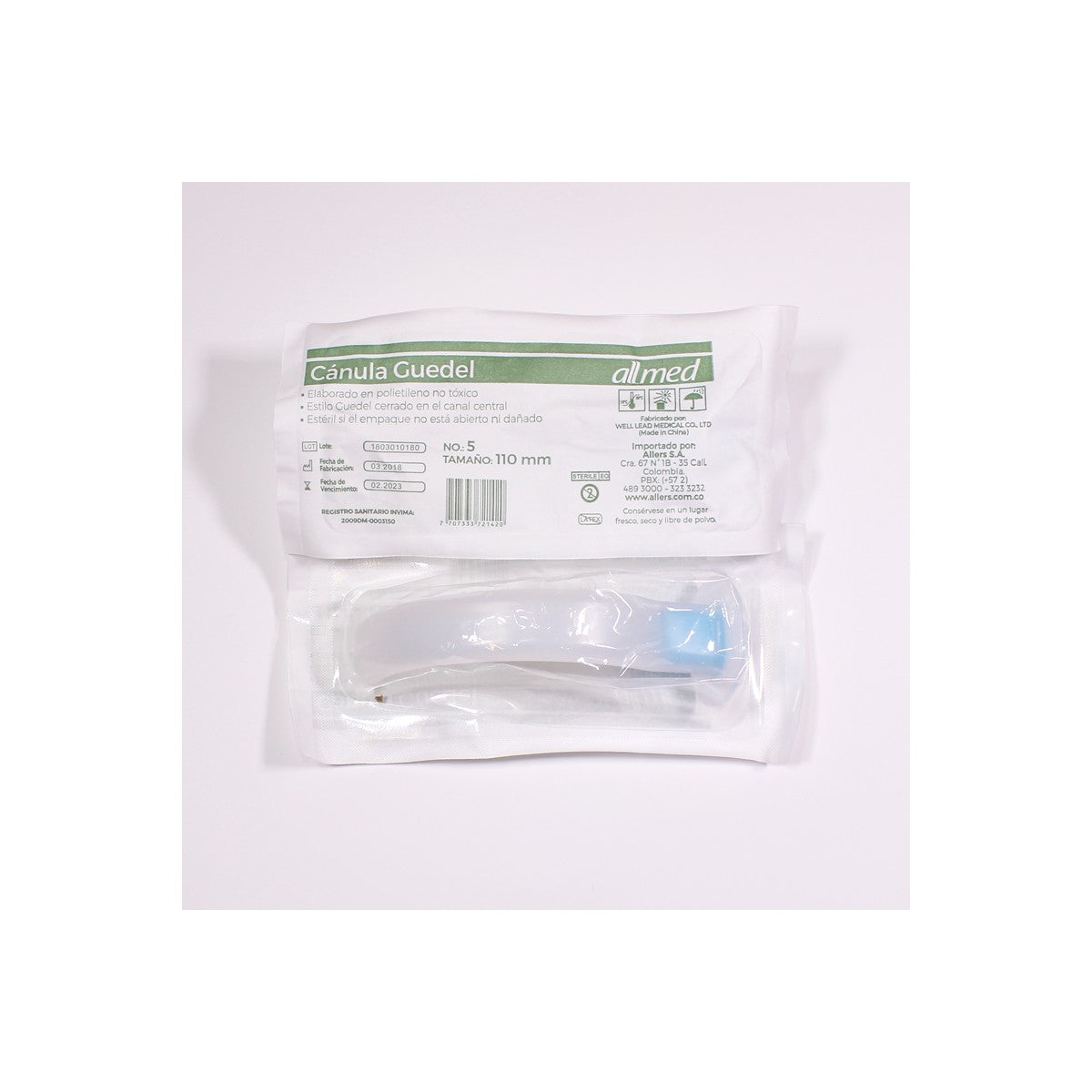 Canula de Guedel #5 Allmed, color azul, 110 mm, diseñada para uso respiratorio, con forma curva y orificios laterales.