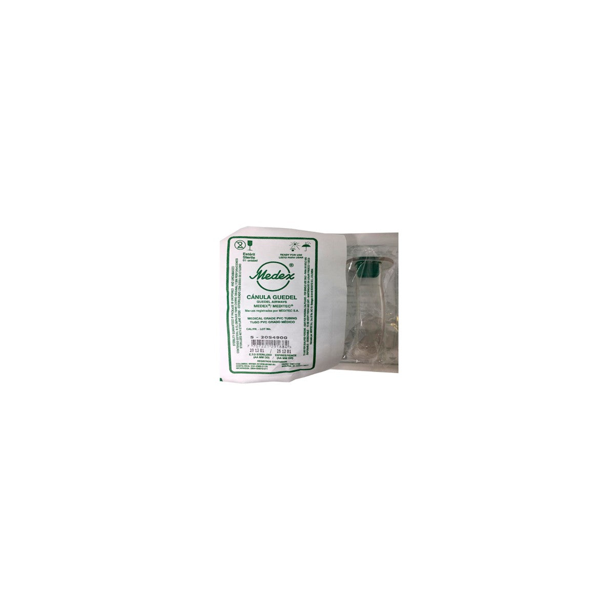 Cánula de Guedel #5 (97 mm) de Meditec, fabricada en plástico transparente, diseñada para uso profesional en vías respiratorias.