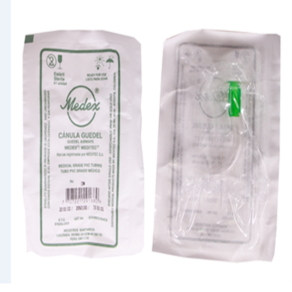 Cánula Guedel #3 (75 mm) de MEDITEC, fabricada en PVC médico, transparente, con anillo mordedor verde, para mantener la vía aérea permeable.