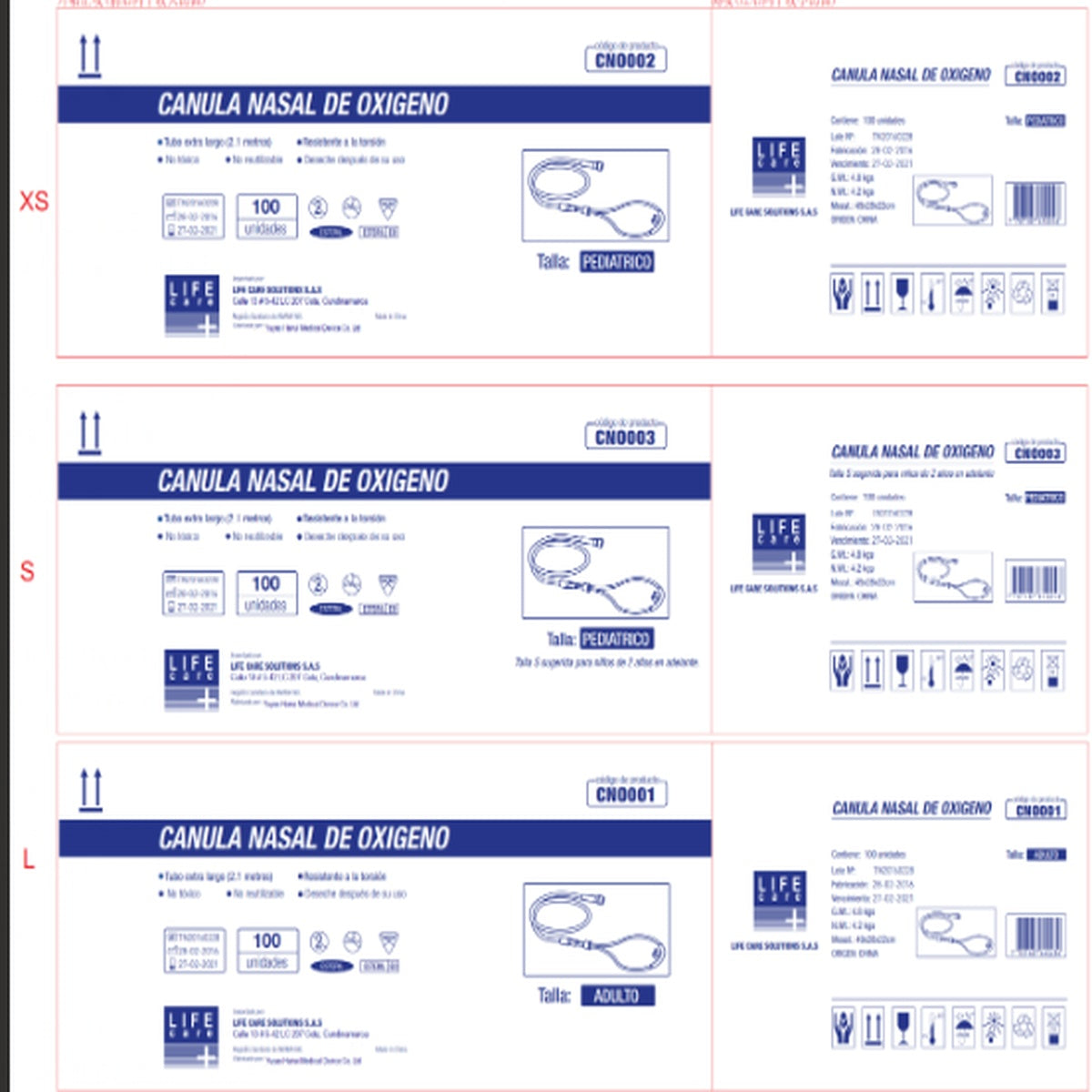 Cánula nasal de oxígeno pediátrica talla M de Life Care, fabricada en PVC médico, con conector universal y tubería de 2 metros.