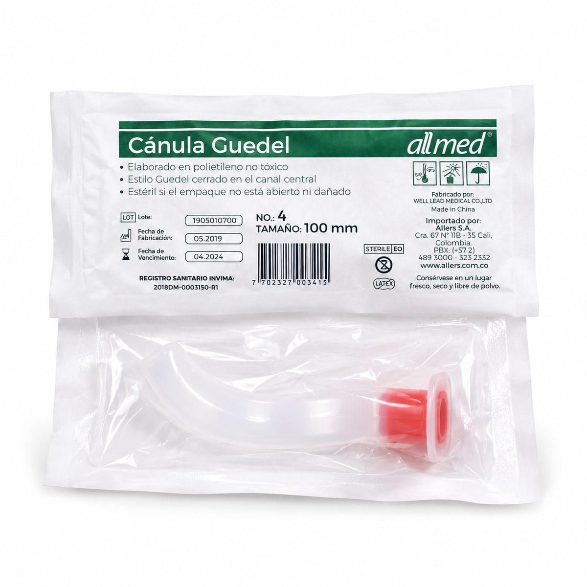 Cánula orofaríngea de Guedel Allmed número 4, 100 mm, color rojo, para manejo y mantenimiento de la vía aérea.