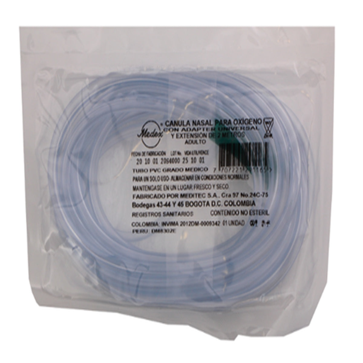 Cánula nasal para oxígeno MEDITEC ET-DP03-07, tubo de PVC transparente de 2 m con puntas nasales, diseño ergonómico para oxigenación.