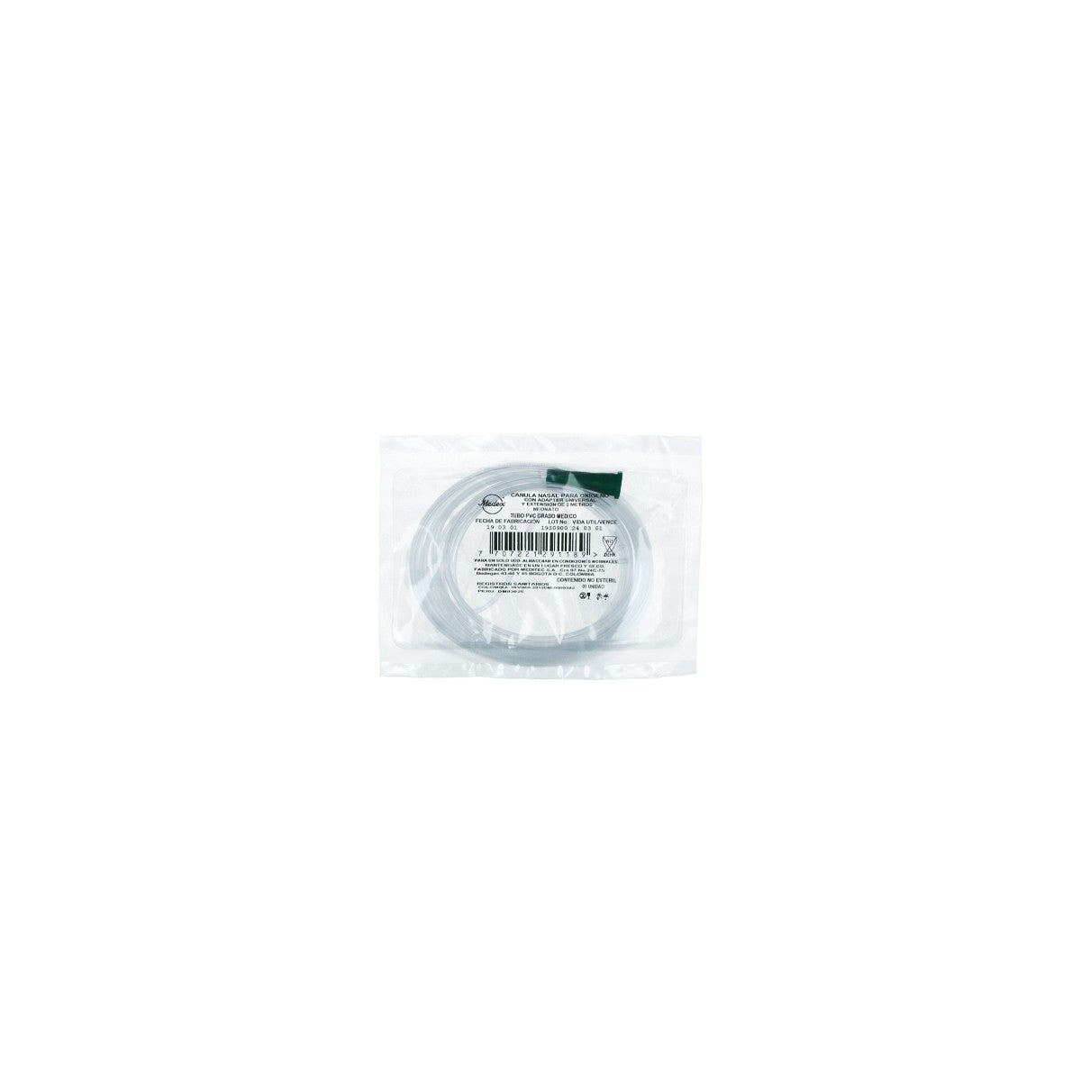Canula de oxígeno para neonato Meditec, modelo de alta flujo, diámetro de 2 mm, color blanco, diseño ergonómico para uso clínico.