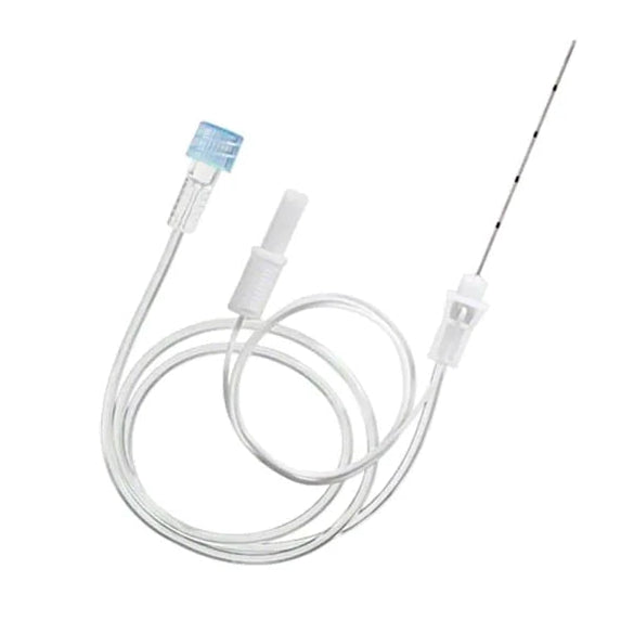Canula G-22 de 50 mm de STIMUPLEX, fabricada en plástico transparente, diseñada para uso médico profesional.