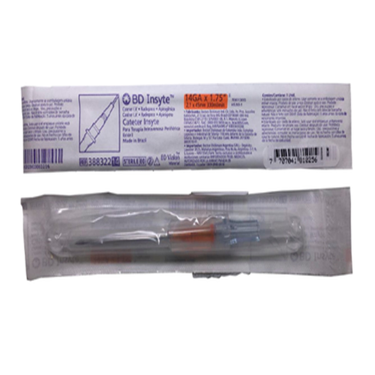 Catéter intravenoso periférico BD Insyte™ #14 x 1.75" (2.1 x 45 mm) con bisel Precision Glide, material Vialon™ y conector Luer Lock.