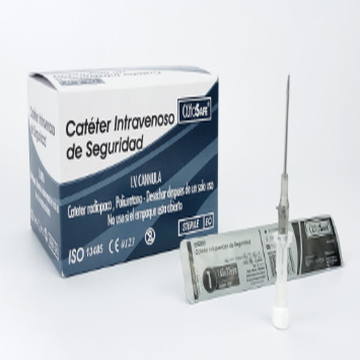 Catéter intravenoso de seguridad gris 16G x 1 1/4 (32 mm) de ALFASAFE, fabricado en poliuretano flexible, diseñado para cateterización venosa.