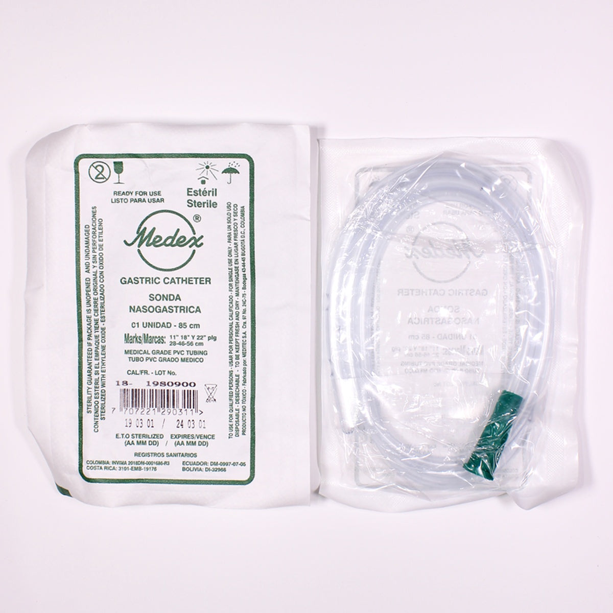 Sonda Levin Duodenal #18 de MEDITEC, 120 cm, fabricada en PVC médico, con embudo verde y cuatro orificios para succión y drenaje.