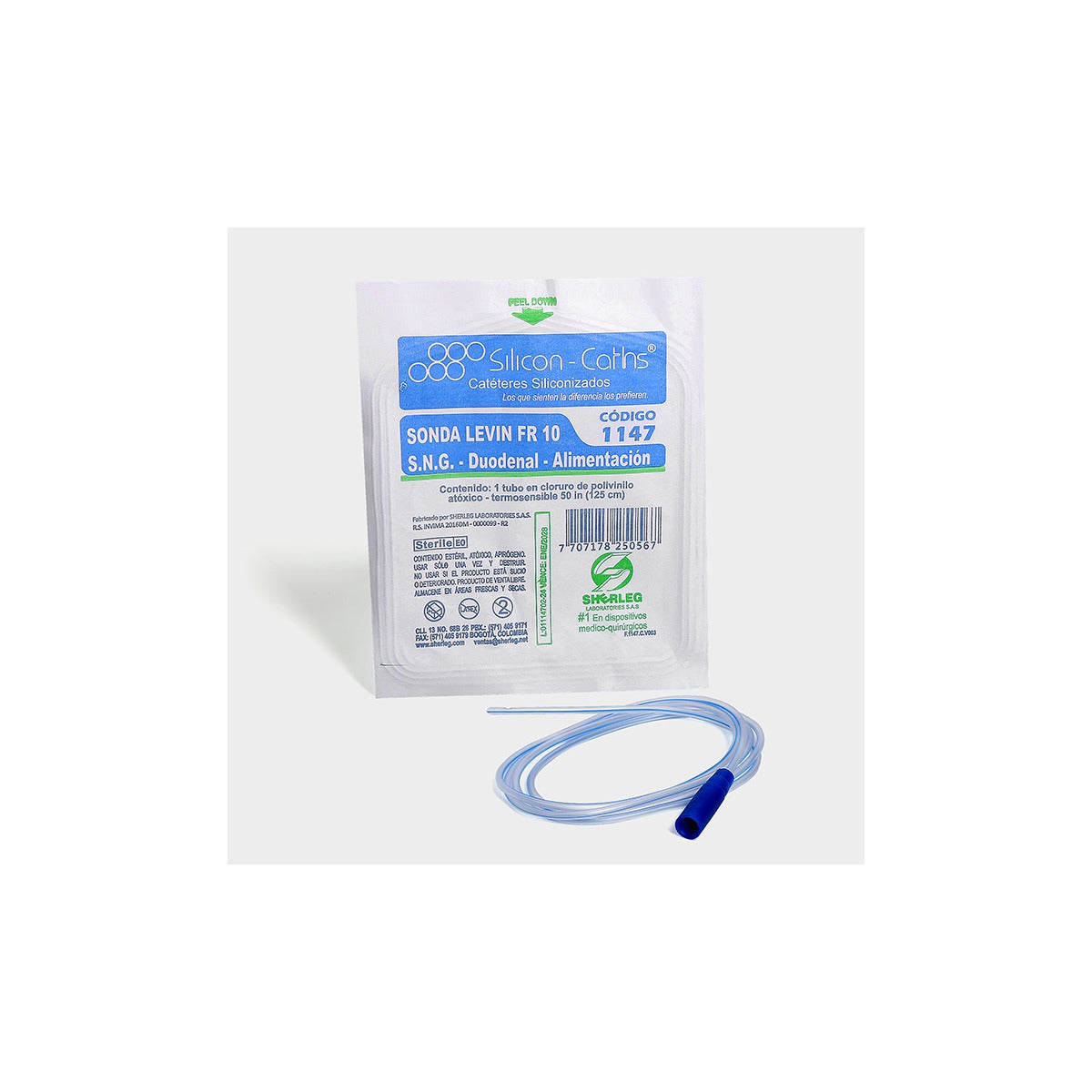 Catéter Sonda Levin #10 de Sherleg, fabricado en PVC siliconado, con cuatro orificios laterales y conector proximal, longitud de 41 a 125 cm.