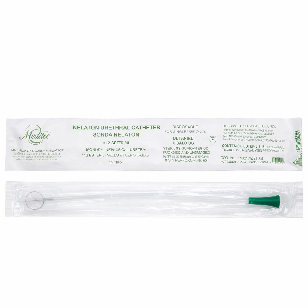 Sonda Nelaton #12 de MEDITEC, tubo transparente de 40 cm, extremo cerrado y suave, embudo verde, fabricada en PVC médico, libre de látex.