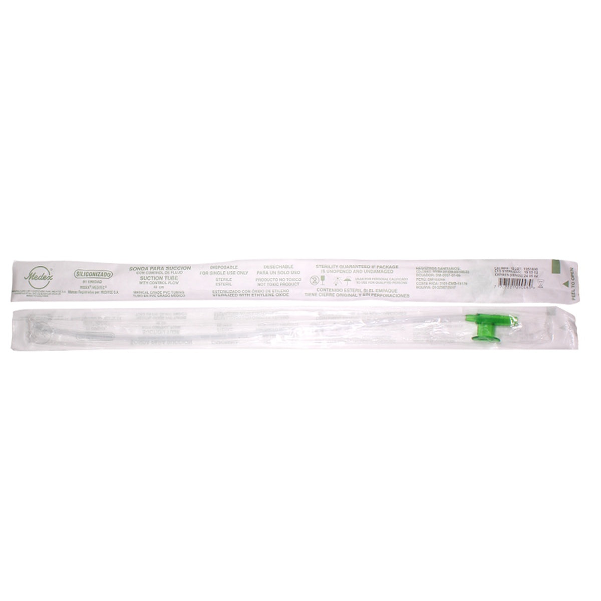 Catéter de succión MEDITEC ET-DP03-27, transparente, 40 cm, con válvula verde de control manual, fabricado en PVC médico, libre de látex.