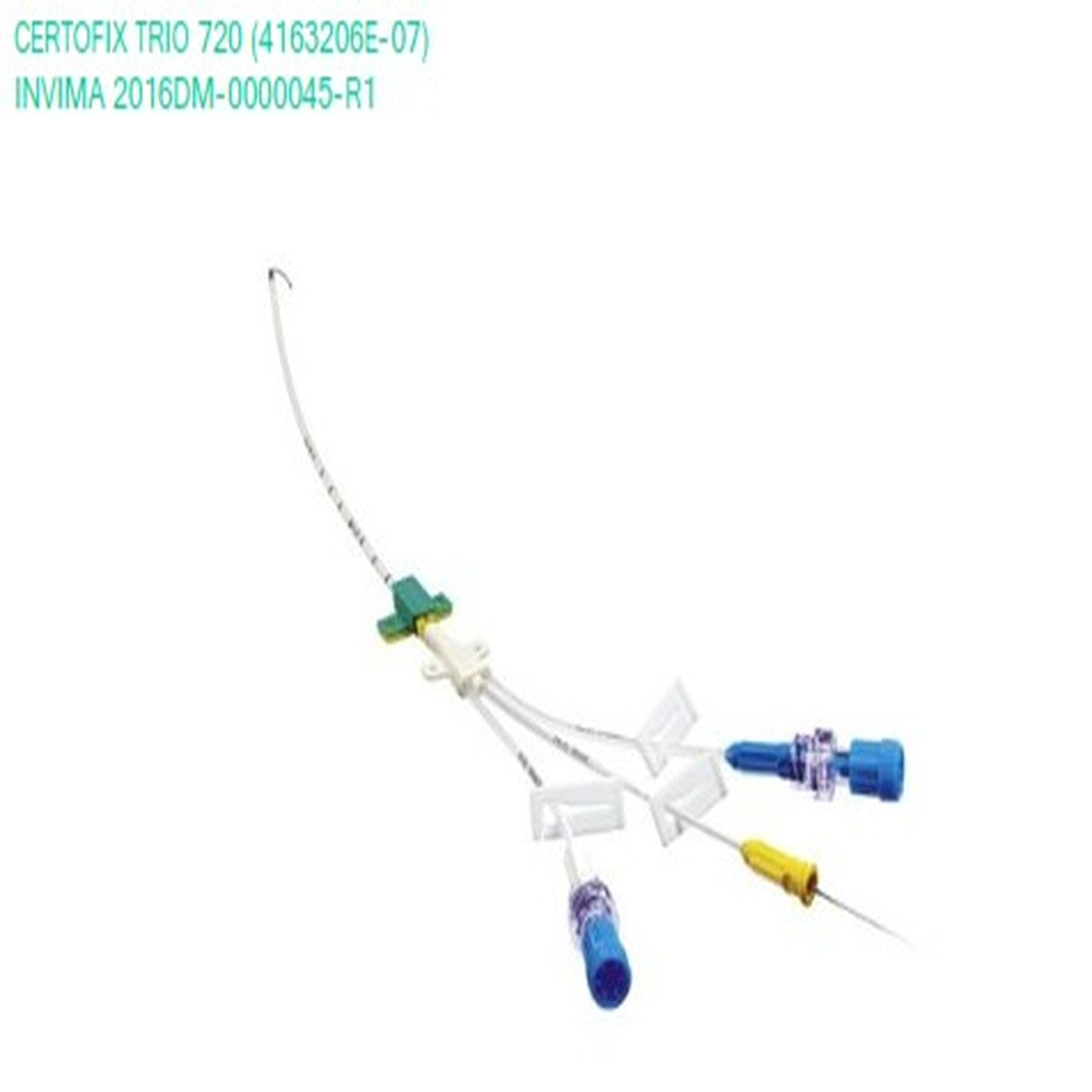 Catéter venoso central Certofix Trio 720 (7Fr, 20cm) de Braun, con tres lúmenes, fabricado en materiales libres de látex y DEHP.