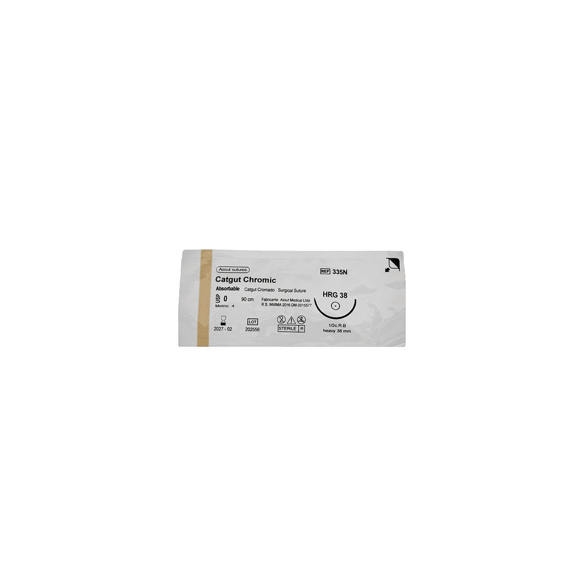 Sutura quirúrgica estéril Catgut Simple de Assut Medical, color beige, tamaño USP 6-0, empacada en sobre de Scothpack.