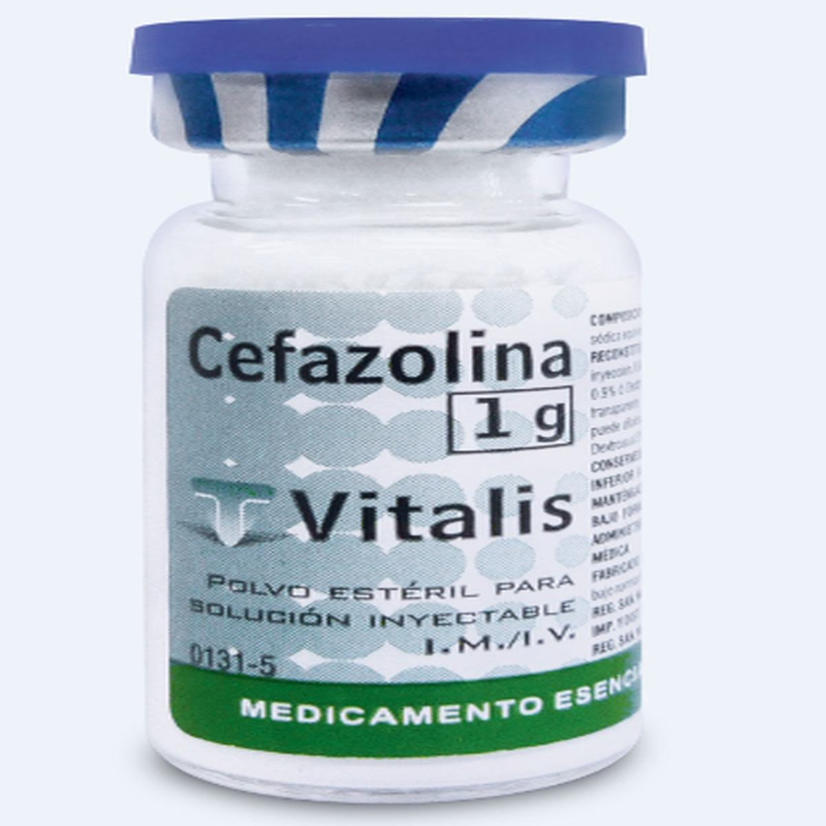 Cefazolina Sódica 1 g en frasco ampolla, polvo estéril para solución inyectable, presentado en caja de un vial, fondo blanco.