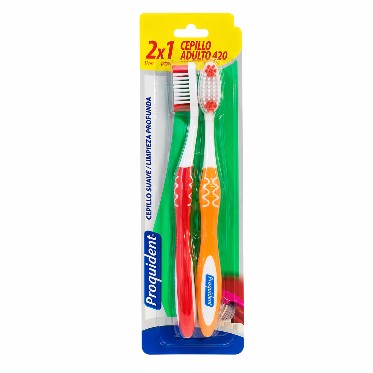 Cepillo dental suave adulto 2x1 Proquident en empaque blister con dos unidades colores surtidos limpieza profunda