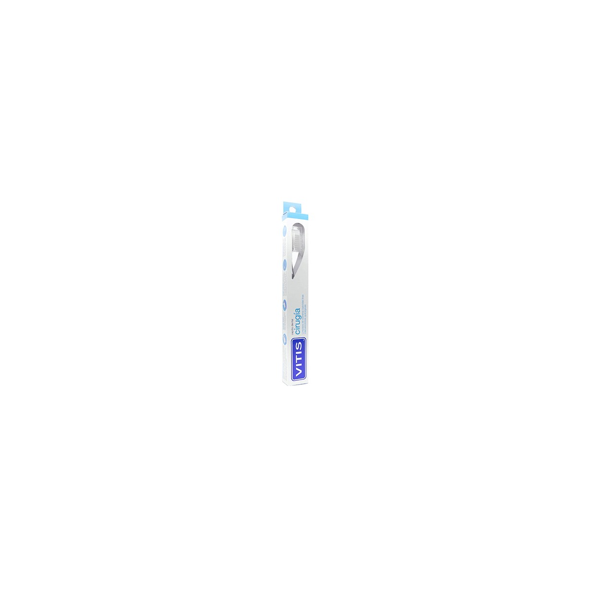 Cepillo dental VITIS para niños, diseño ergonómico, mango atómico, filamentos flexibles, color azul, presentado en caja de cartón.