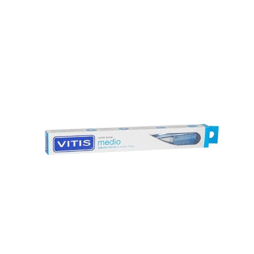 Cepillo dental Vitis Medio, referencia 2949, con cerdas suaves y mango ergonómico en color azul, ideal para cuidado bucal efectivo.