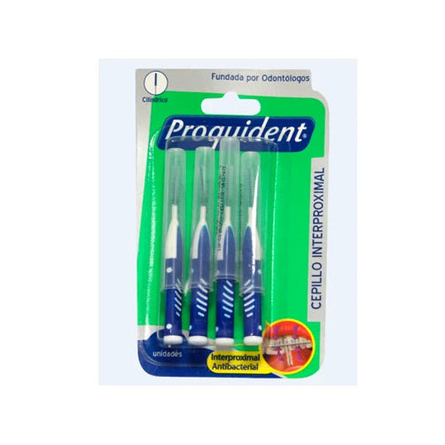 Cepillo interproximal viajero Proquident, 4 unidades, diseño compacto, cerdas suaves, color azul, ideal para limpieza dental en viajes.