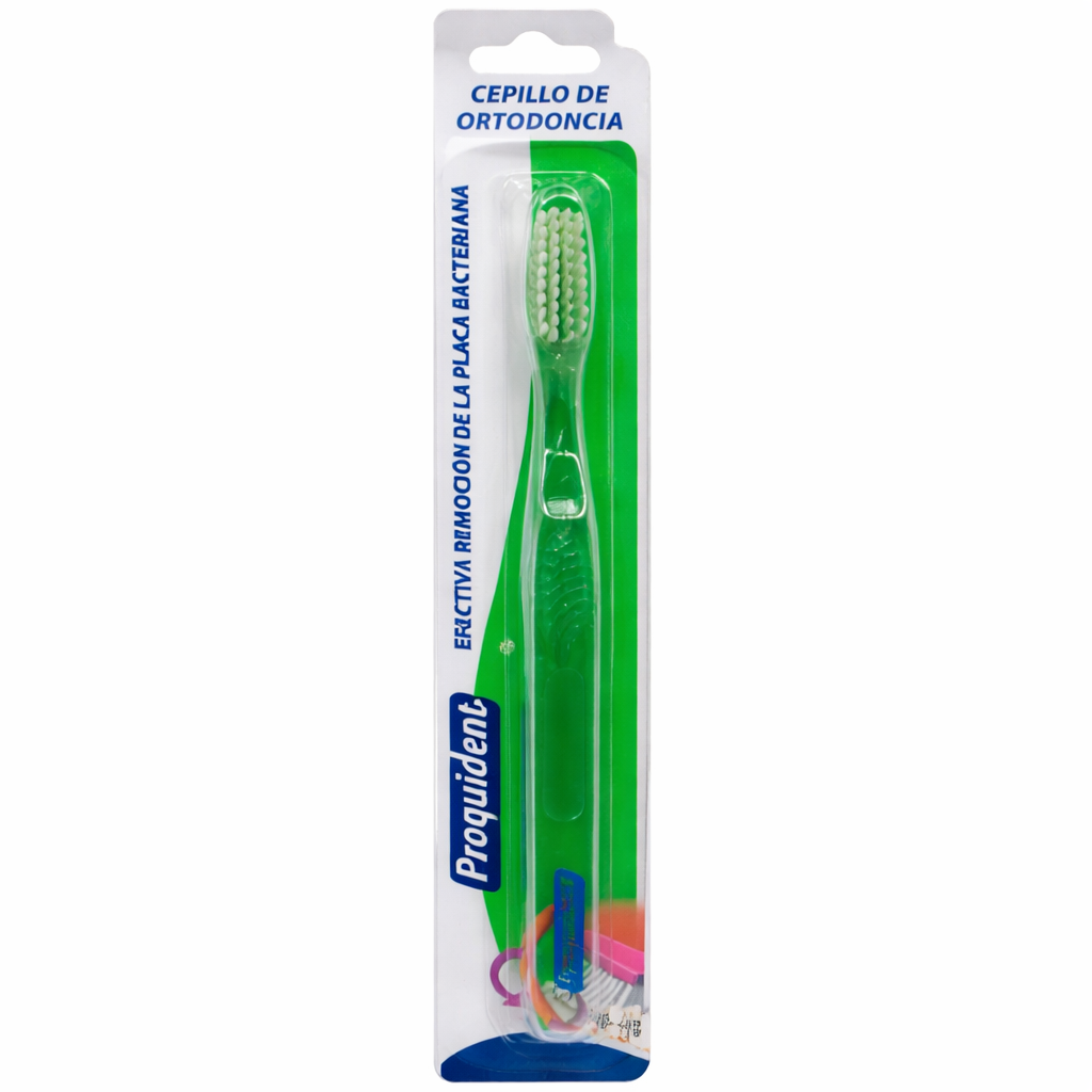 Cepillo para ortodoncia Proquident, con cerdas suaves, mango ergonómico y diseño compacto, ideal para limpieza dental.