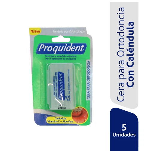Cera ortodoncia Proquident en blister de 5 unidades, color blanco, diseñada para aliviar molestias en brackets y ortodoncia.