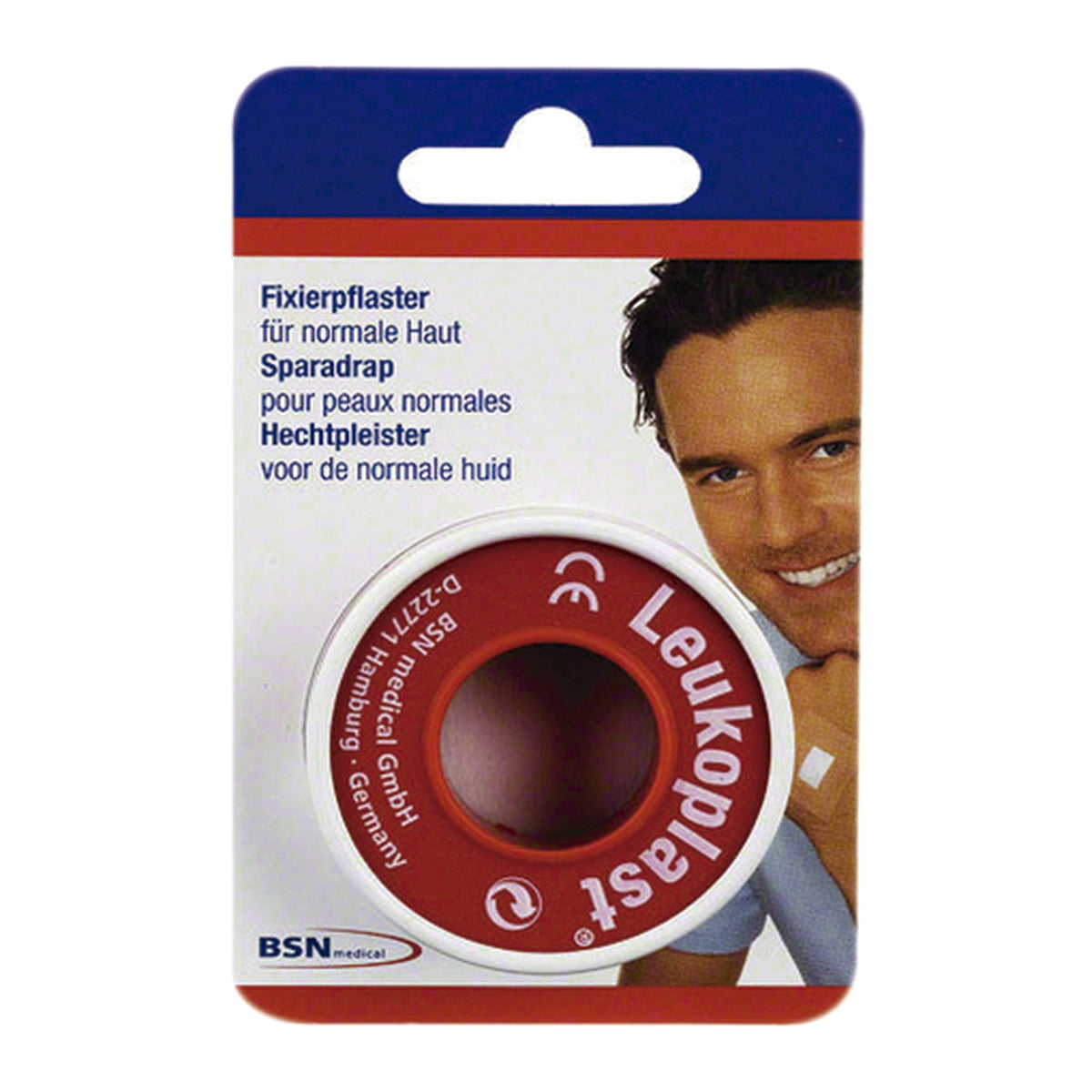 Esparadrapo de tela LEUKOPLAST de 1" x 5 yardas, fabricado por BSN MEDICAL LIMITADA, en color blanco, ideal para fijar gasas y vendajes.