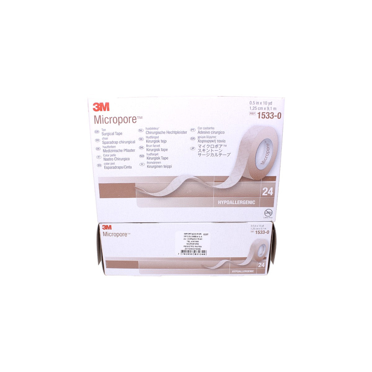 Cinta quirúrgica microporosa Micropore™ de color piel, 12 mm x 9.14 m, diseñada para fijación médica y estética, con respaldo de rayón.