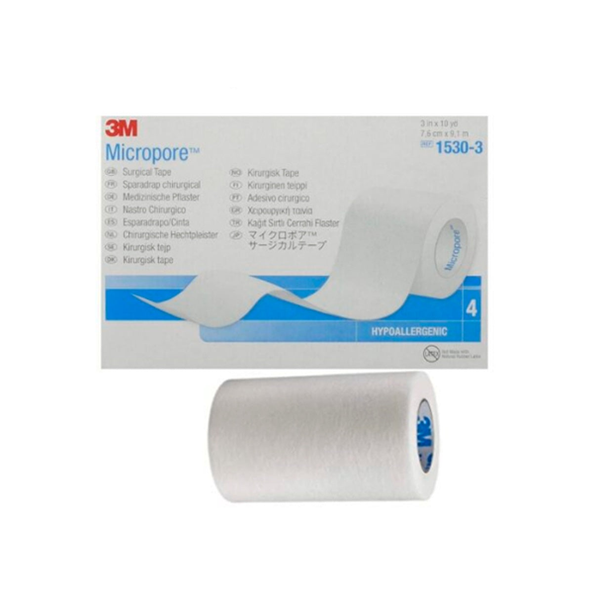 Cinta adhesiva microporosa hipoalergénica Micropore™ Blanco de 3" x 4 unidades, ideal para fijación en aplicaciones médicas.