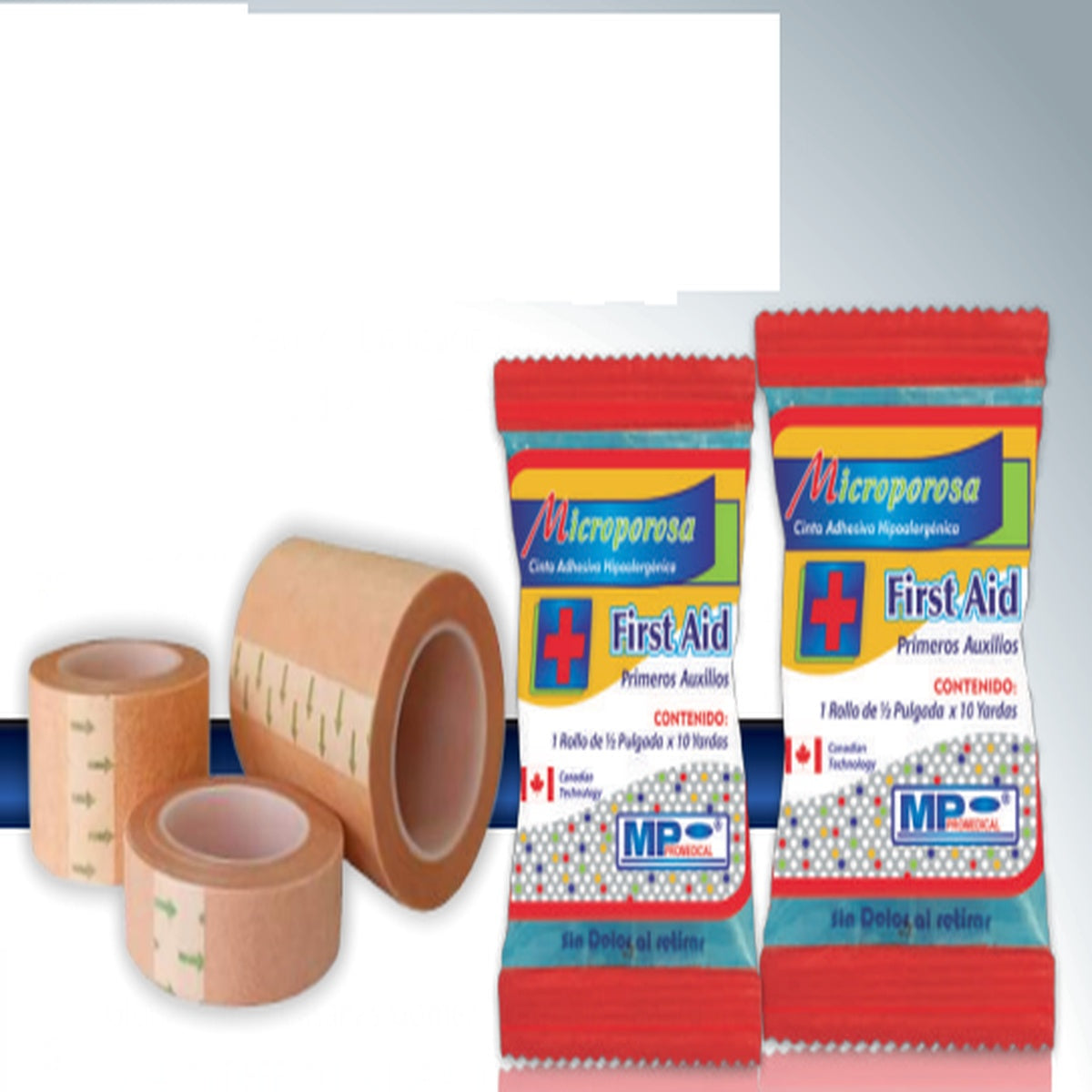 Cinta adhesiva microporosa color piel de 1/2" x 10 yardas, hipoalergénica y transpirable, ideal para aplicaciones médicas.